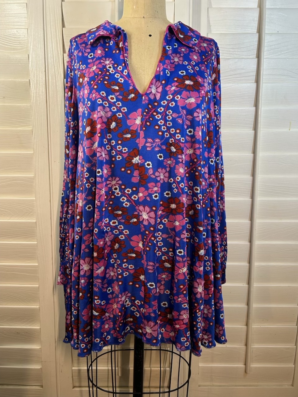Free People Blue Floral Shift Dress with Pink & Red Blooms